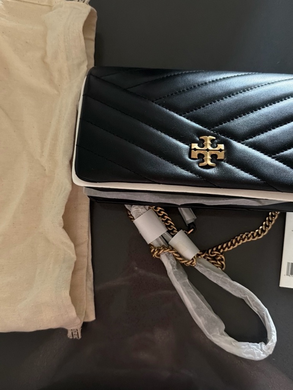 Tory Burch Black Quilted Leather Crossbody with Gold Logo
